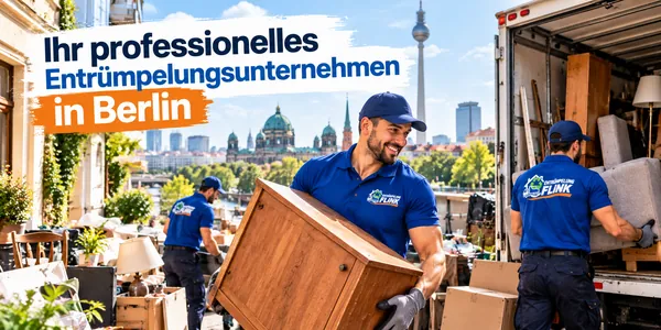 Mitarbeiter von Entrümpelung Flink trägt einen Schrank zum Transporter – Berliner Skyline im Hintergrund